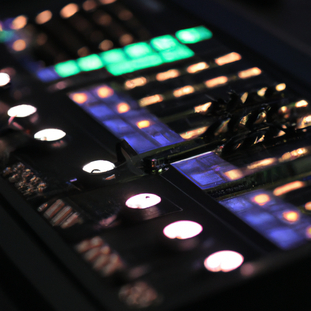 Consola de mezcla en sala de control con estética minimalista