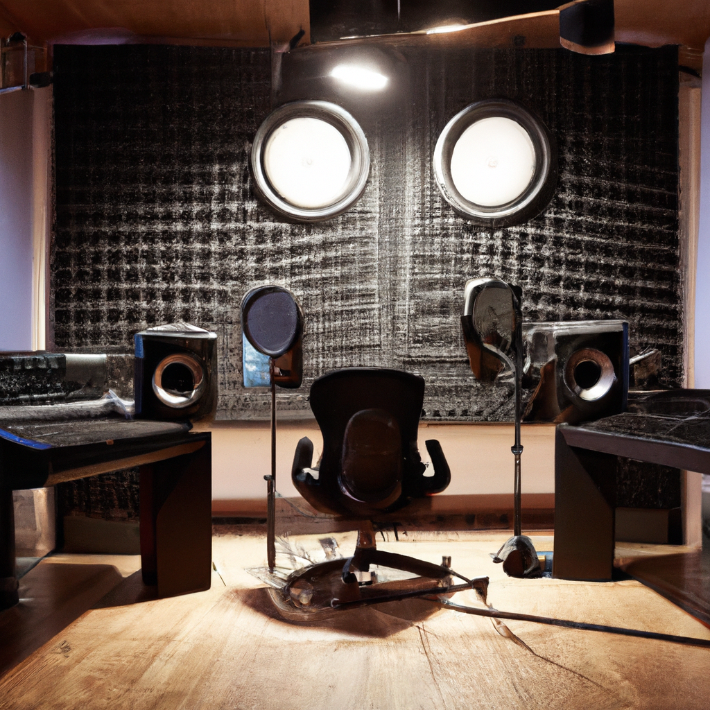 Estudio moderno con cabina vocal, micrófonos de alta gama y paneles acústicos en Madrid